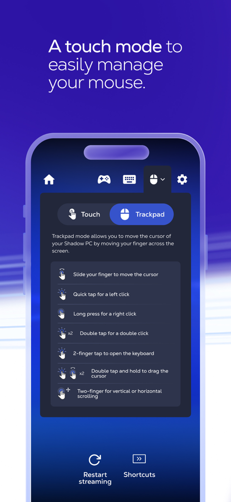 Interface do aplicativo Shadow PC mostrando configurações do modo de toque e controles de gestos do mouse