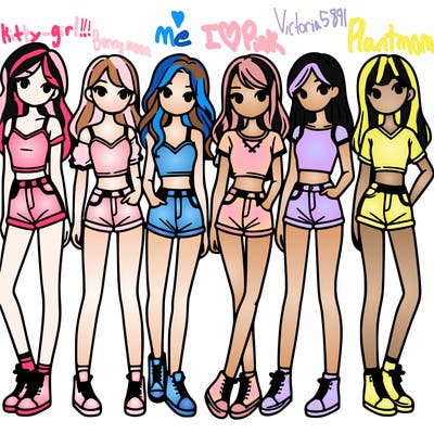 a group of girls wearing crop tops and shorts