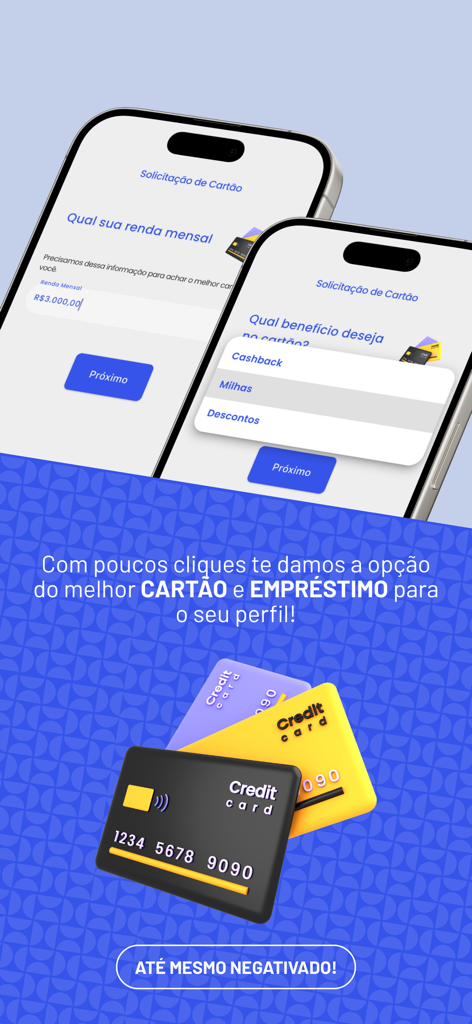Interfaz de aplicación móvil mostrando pantallas para la entrada de ingresos mensuales y la selección de beneficios de tarjeta de crédito como cashback y millas