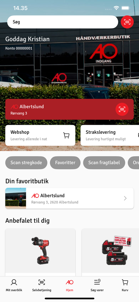Pantalla de inicio de la aplicación AO Mobil para contratistas profesionales que muestra información de la tienda y recomendaciones de productos
