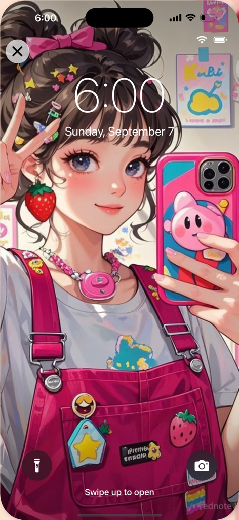Kawaii anime girl mirror selfie lock screen wallpaper in a cute pastel pink aesthetic