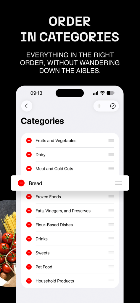 Shoplist - Your shopping list - Shoplist app screen showing grocery category organization and aisle order optimization on iPhone