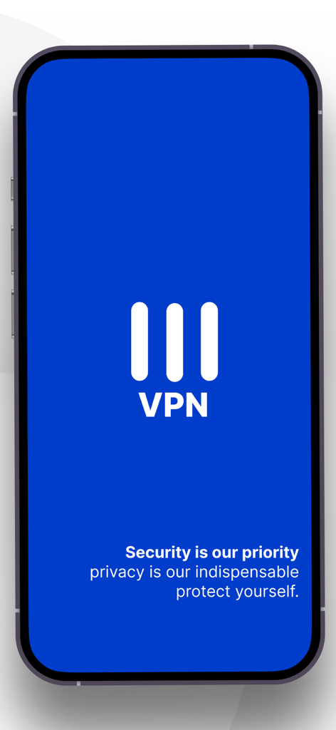 Introductory screen of the VPN 111 app featuring a blue interface with its logo and security commitment text