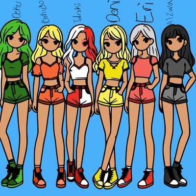 a group of girls wearing crop tops and shorts