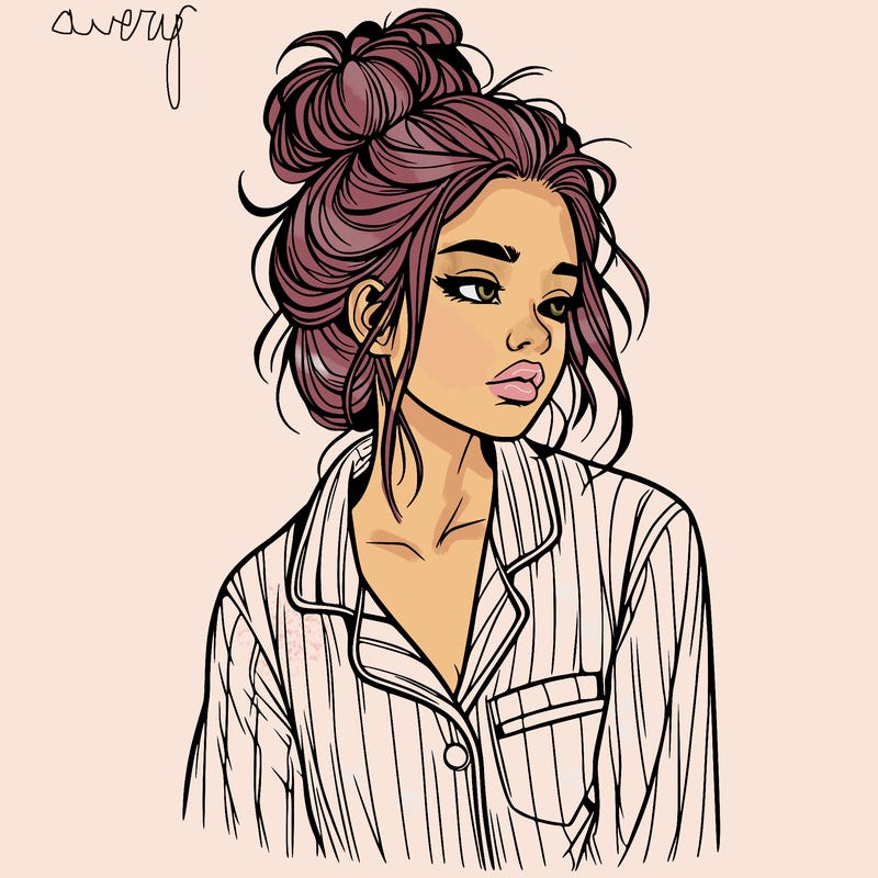 realistic woman with pajamas on and a messy bun