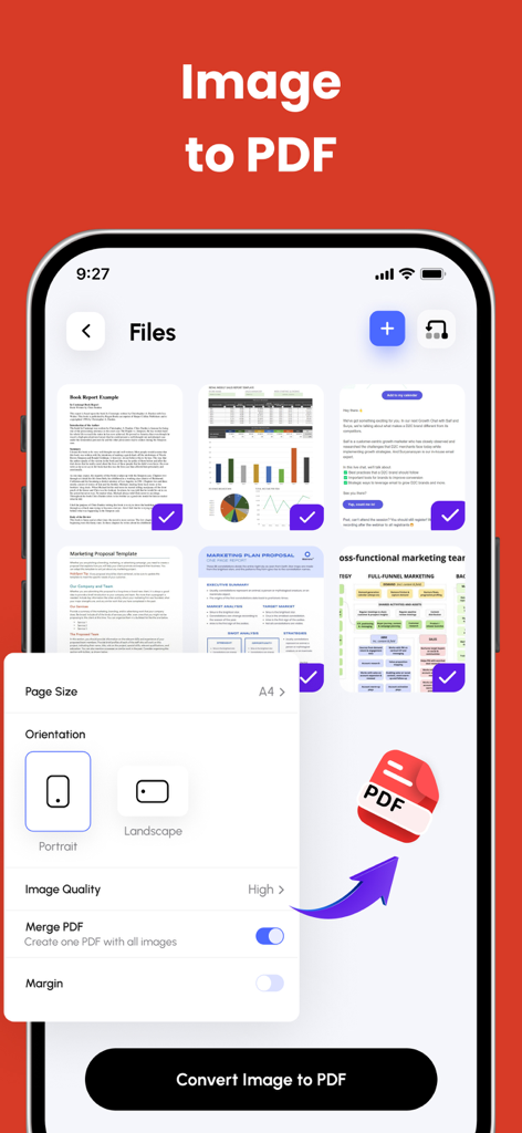 Pantalla de la aplicación móvil que muestra el proceso de conversión de varias imágenes en un solo PDF con ajustes de orientación y calidad.