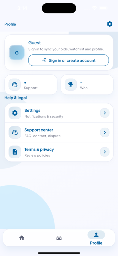 AutoBid Cars - User profile screen of the AutoBid Cars app showing account sign in and support options