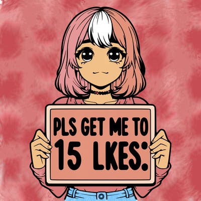 realistic girl holding up a sign that says “pls get me to 15 likes!”