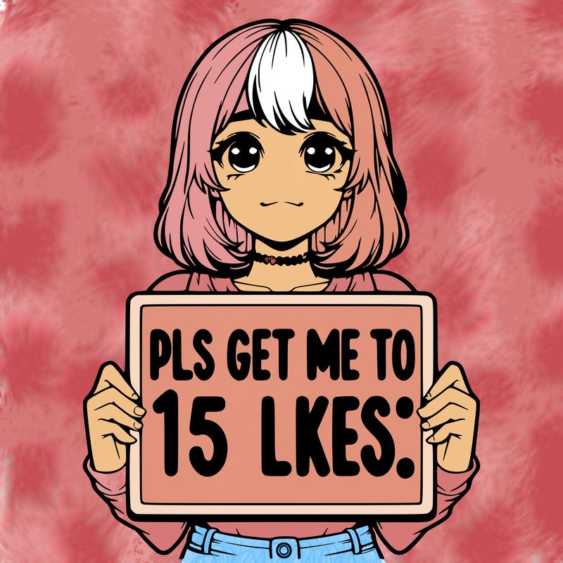 realistic girl holding up a sign that says “pls get me to 15 likes!”