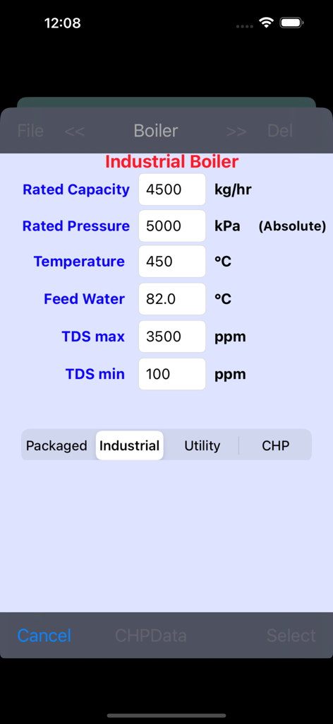 Dateneingabebildschirm für industrielle Kesselspezifikationen in der Boiler Efficiency App