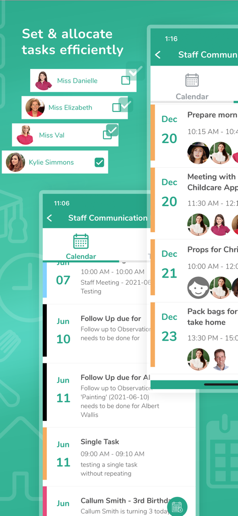 OWNA app interface showing staff task allocation and a communication calendar with daily schedules