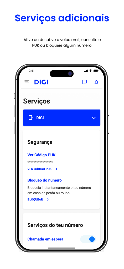 My DIGI - My DIGI app screen displaying security and number management services