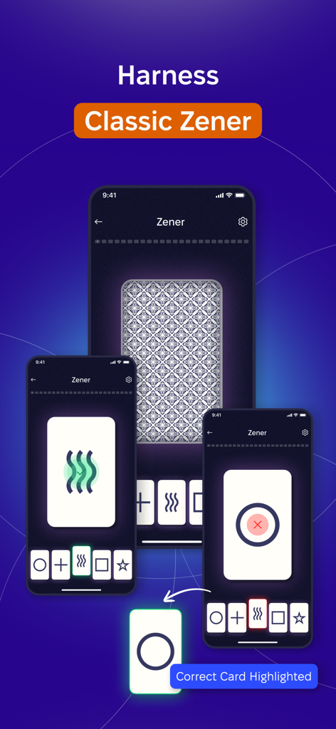 Mobile App-Oberfläche, die klassisches Zener-Kartentraining für ESP- und Fernwahrnehmungsfähigkeiten zeigt