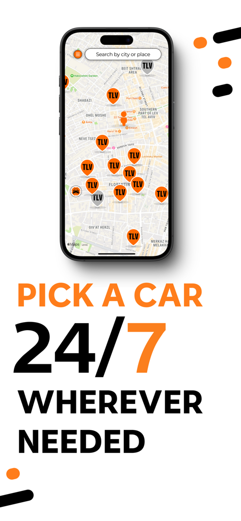 Vue carte de l'application d'autopartage Share Israël montrant les emplacements des véhicules à Tel Aviv avec disponibilité de service 24h/24 et 7j/7