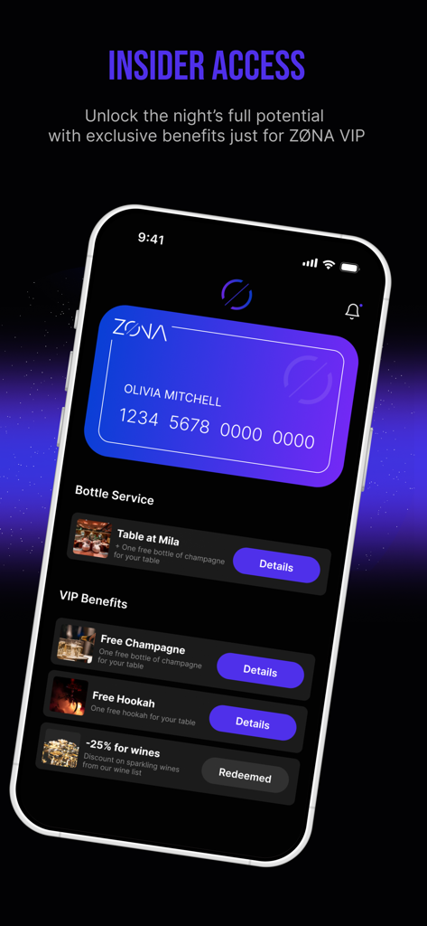 ZONA: Unlock Miami Nightlife - ZONAアプリの画面、マイアミのナイトライフ向けの特別なVIP特典と報酬を表示