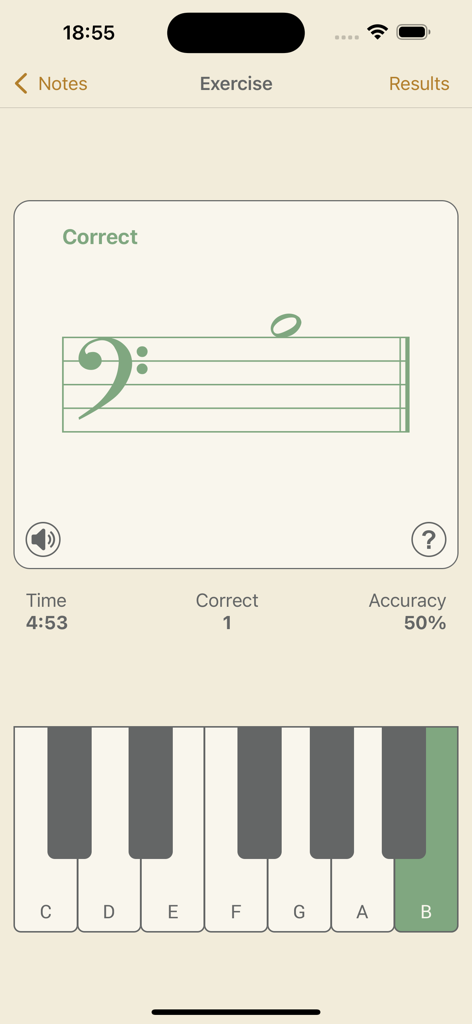 Music Buddy Lite – Learn notes - Ejercicio de reconocimiento de notas de la aplicación Music Buddy Lite con clave de Fa y un teclado de piano virtual.