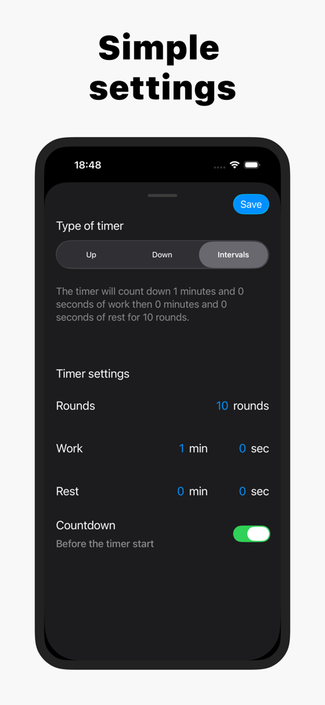 Box Timer - HIIT & Tabata - Interface do aplicativo Box Timer para configurar rodadas e durações personalizadas de treino intervalado
