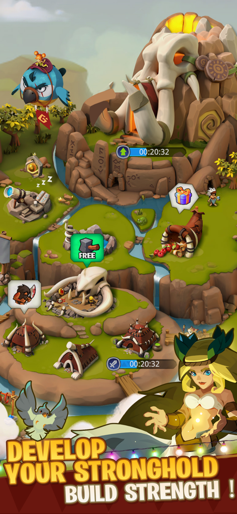 A prehistoric village scene in Brutal Age Horde Invasion showing stronghold development and tribal characters.