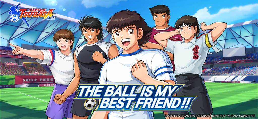 Main anime characters from Captain Tsubasa Ace standing together in a soccer stadium