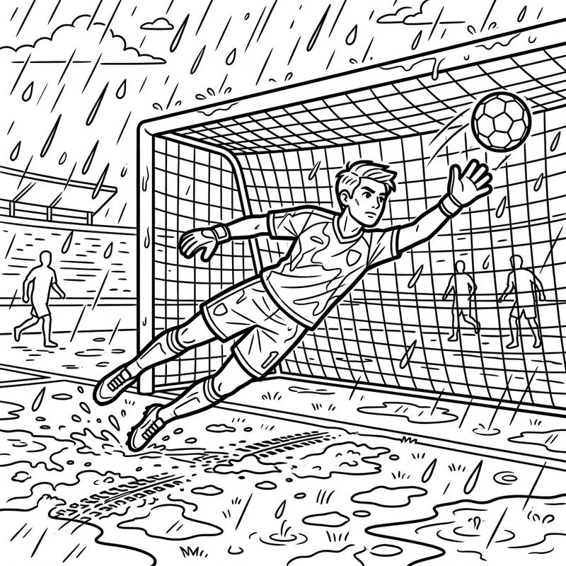 Experience the excitement of a rainy day soccer match with this dynamic coloring page featuring a diving goalkeeper making an incredible save. Perfect for sports enthusiasts, it captures the action and atmosphere of a wet game.