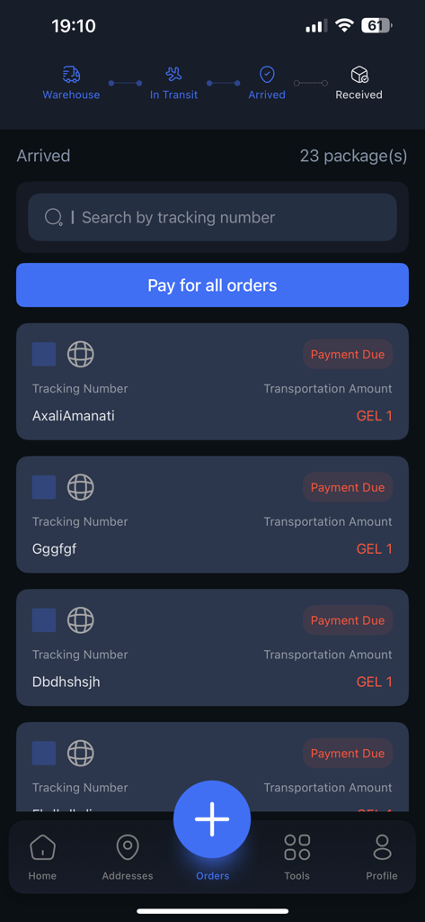SpaceCargo App - SpaceCargo app interface showing arrived packages with payment due and tracking numbers