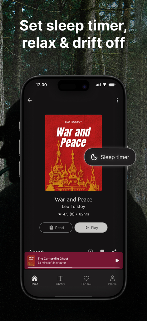 Fabuly: Classic Audiobooks - Fabuly app screen showing the sleep timer feature for the classic book War and Peace