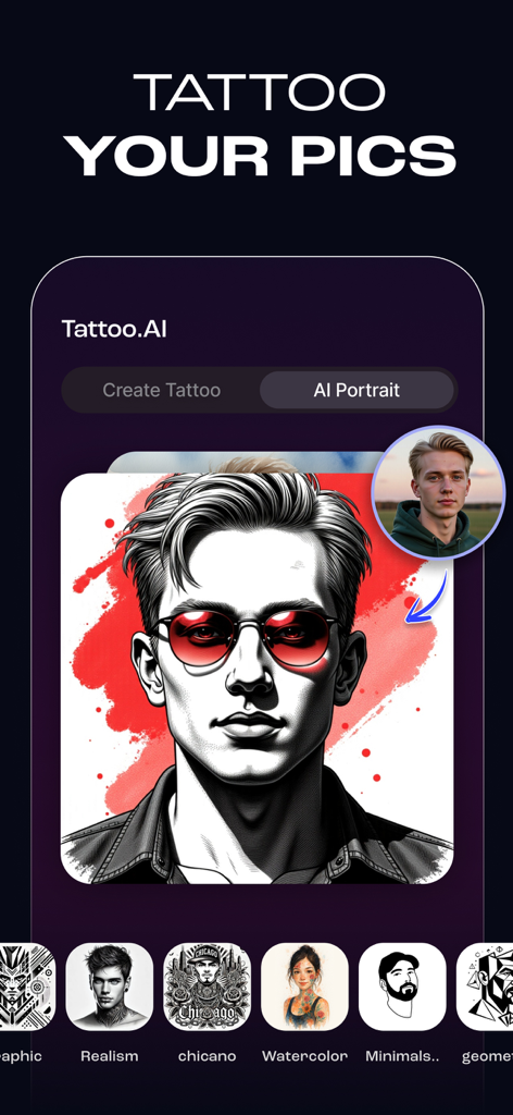 AI Tattoo Design- Tattoo Maker - Una interfaz de aplicación móvil que muestra una función de generación de retratos con IA que transforma una foto del usuario en varios estilos artísticos de tatuajes como realismo y acuarela.