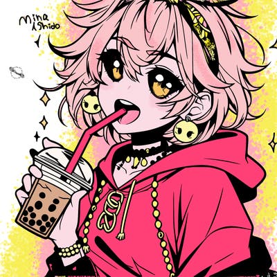 hot baddie anime girl drinking boba and biting the straw