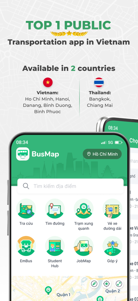 BusMap - Transit & Bus Ticket - BusMap app interface showing top public transportation services in Vietnam and Thailand
