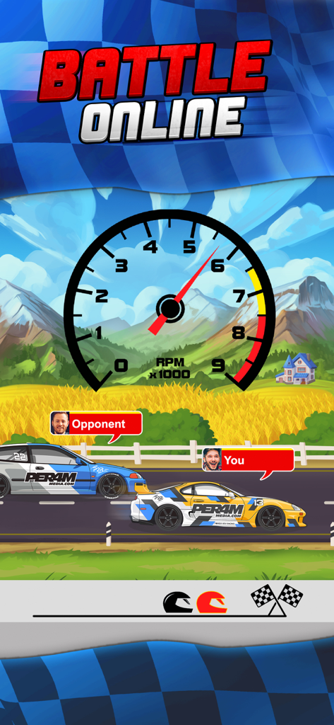 P2R Power Rev Racing - An online drag racing battle between two JDM cars showing a tachometer and rural landscape in P2R Power Rev Racing
