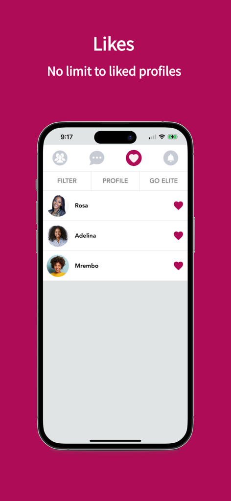 Interface of the Africa Love Match app displaying liked profiles and unlimited likes feature