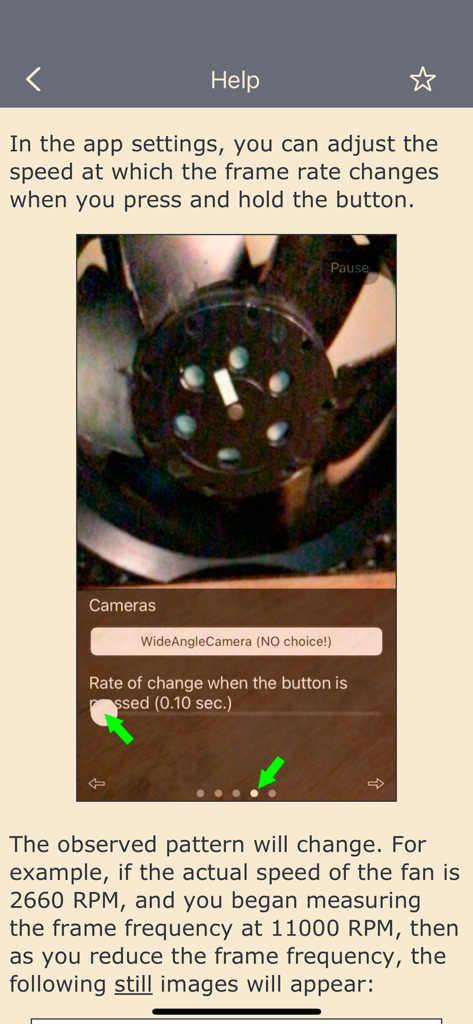 Video tachometer for business - Instructional help screen in the video tachometer app showing how to adjust frame rate settings for measuring fan rotation speed