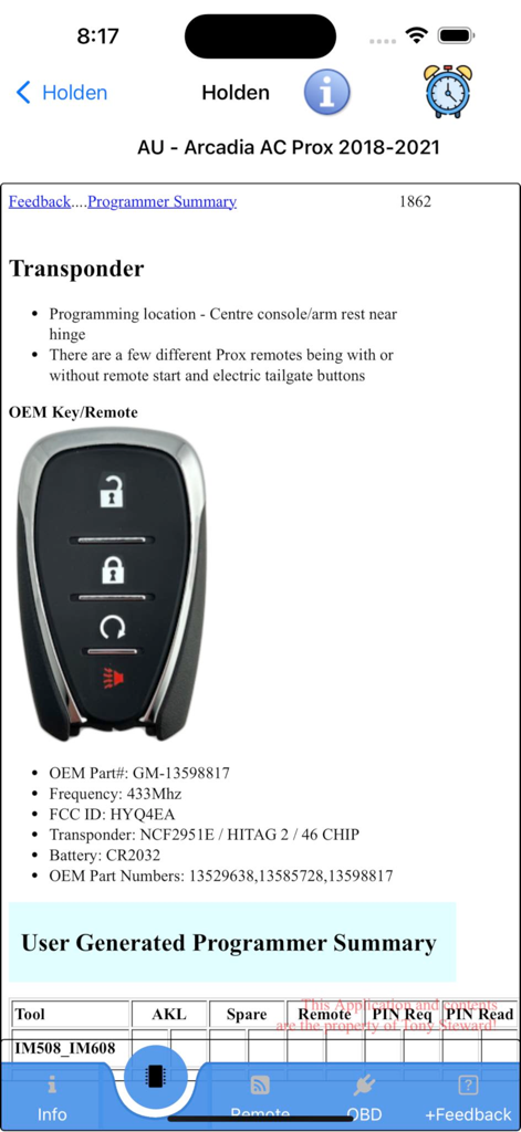 LARA Lock Reader Assistant - Especificações de chave e transponder da chave Holden Arcadia no aplicativo LARA para chaveiros