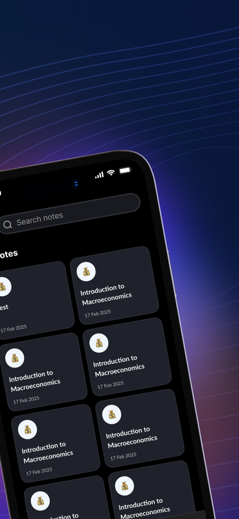 ThetaWave-AI Study Notes - El panel de la aplicación ThetaWave AI mostrando una colección de apuntes de estudio organizados para Macroeconomía.