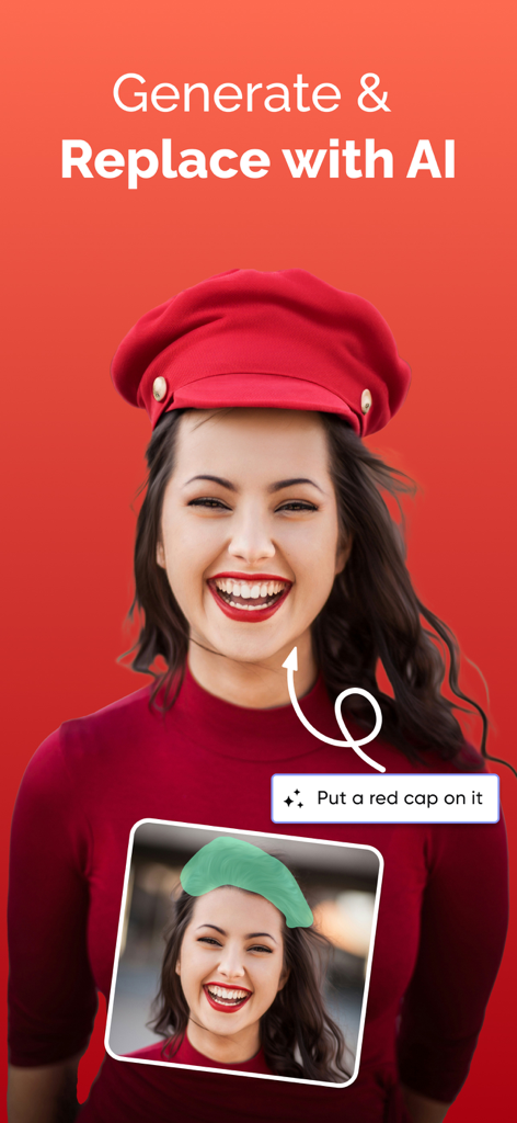 AI Art Photo Editor, GIF Maker - Um retrato de uma mulher mostrando o recurso AI Replace trocando seu chapéu verde por um boné vermelho com base em um prompt de texto