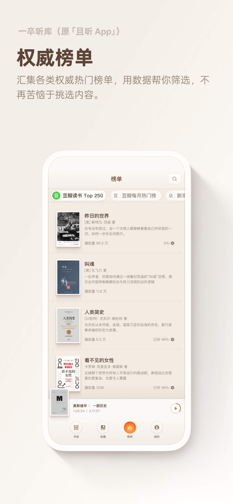 Yizu Tingku mobile app interface showing curated book authority lists and recommendations for cognitive growth.