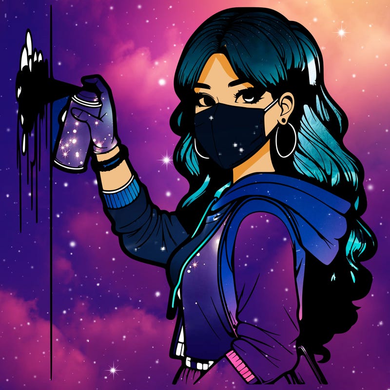 realistic girl with mask spray painting a wall