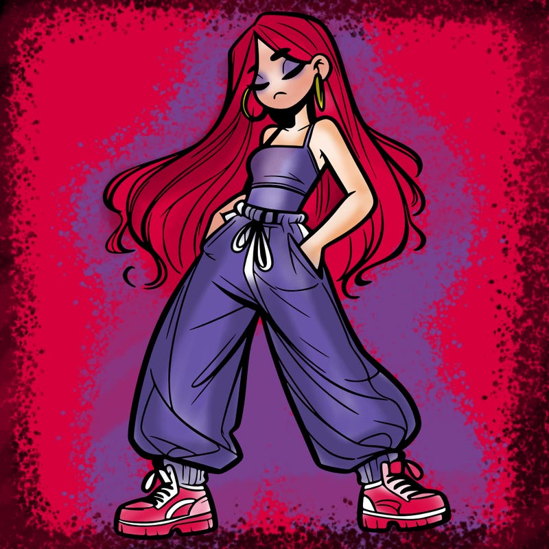 girl in baggy pants crop top and long hair