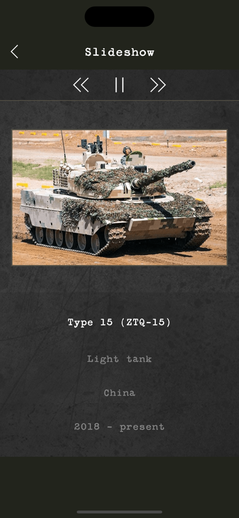 A screenshot of the Tank Lineup app showing a slideshow with information about the Chinese Type 15 light tank.