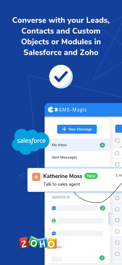SMS-Magic - Interfaz de la aplicación móvil SMS-Magic que muestra la integración con los CRM de Salesforce y Zoho para mensajería empresarial.
