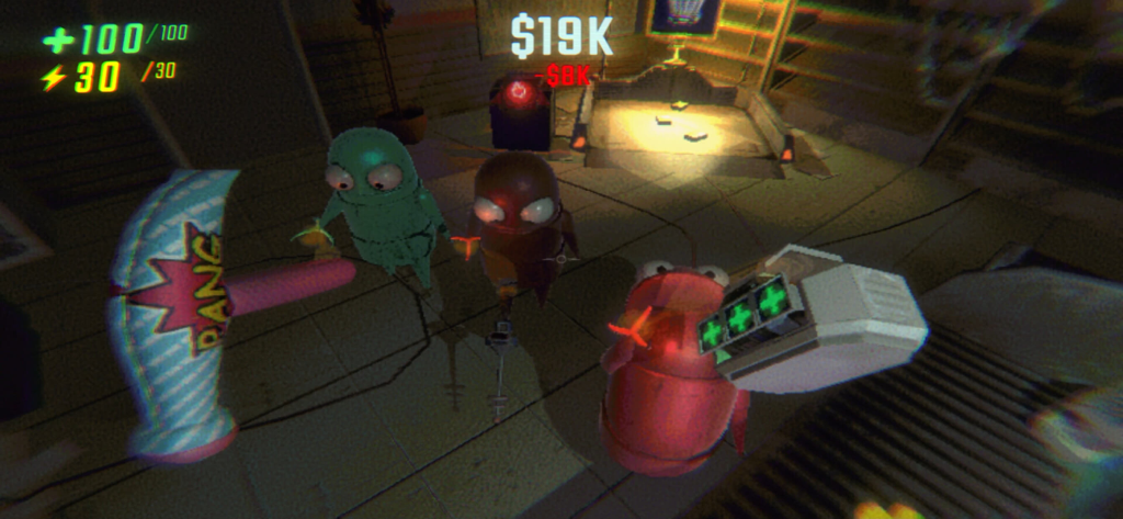 REPO MOBILE - Três personagens monstros coloridos segurando itens em uma sala escura dentro do jogo REPO MOBILE