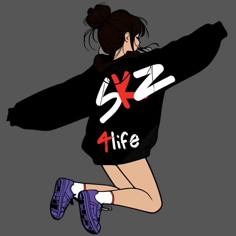 realistic girl jumping with a bun and oversized sweatshirt