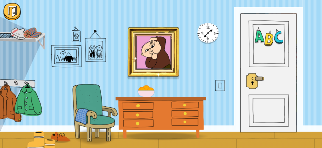 Interior of Alfie Atkins room with ABC letters on a white door