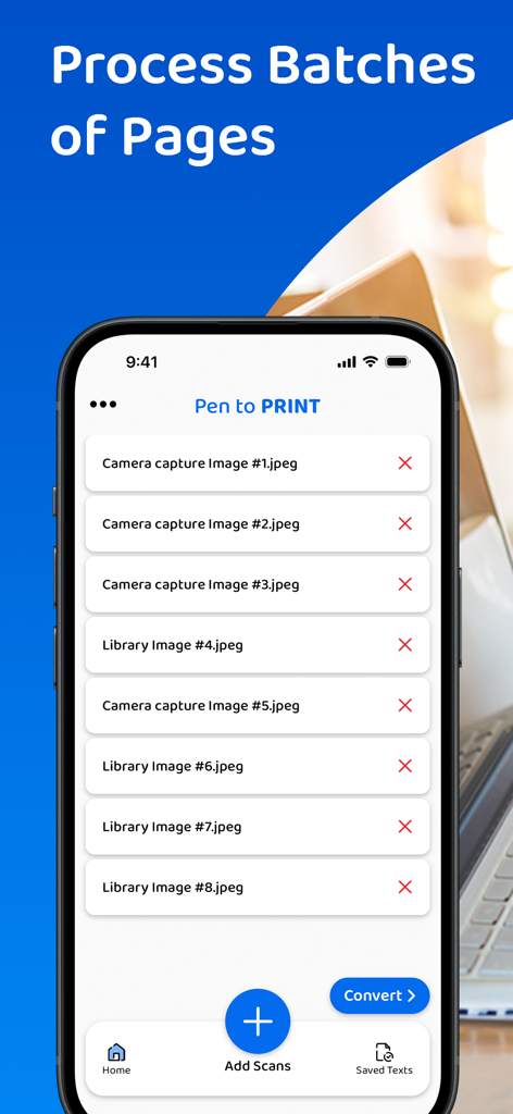 Eine mobile Oberfläche der PenToPRINT App, die eine Batch-Liste von gescannten handschriftlichen Seiten zeigt, die zur Konvertierung in digitalen Text bereit sind.