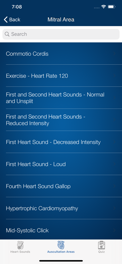 Heart Sounds Auscultation - Mitral area heart sounds and clinical conditions list in the Heart Sounds Auscultation app