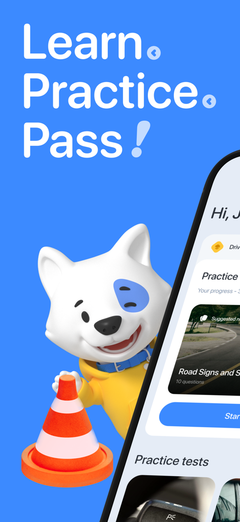 DMV Practice Test & Drivers Ed - DMV practice test app welcome screen with a dog mascot and learning slogan