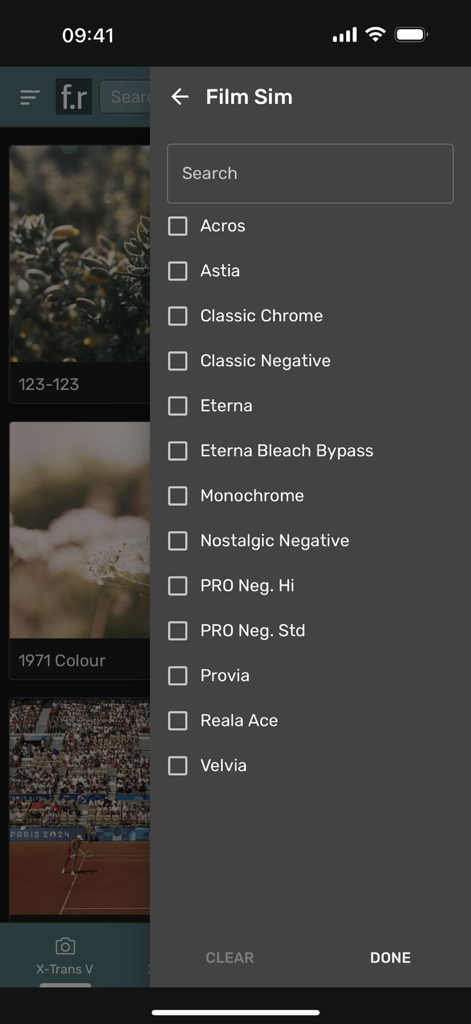 Film Recipes App for Fujifilm - A mobile app interface showing a list of Fujifilm film simulation options such as Classic Chrome and Velvia for photo recipes.