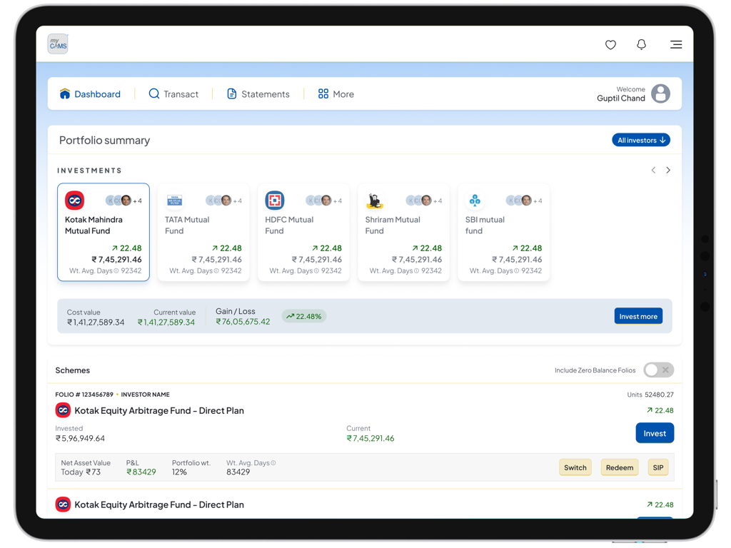 myCAMS MutualFund App for iPad - myCAMS iPad app dashboard showing a summary of mutual fund investments and portfolio gains