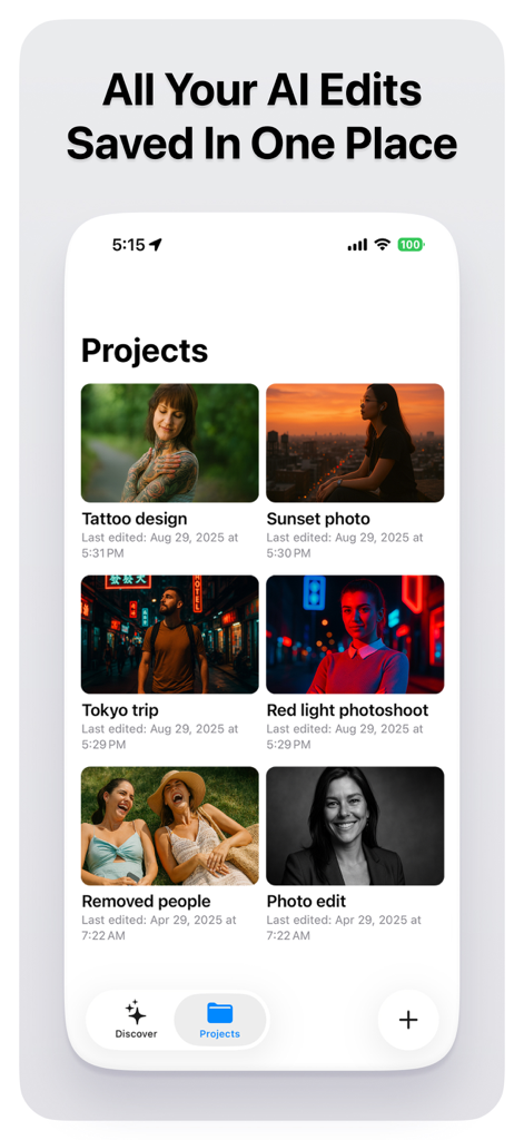 AI Photo Editor and Generator - Interface of the AI photo editor app showing a gallery of saved projects like tattoo designs and sunset photos