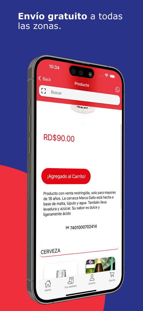 Monegro App - Page produit de bière de Monegro App montrant un article de bière ajouté avec succès au panier